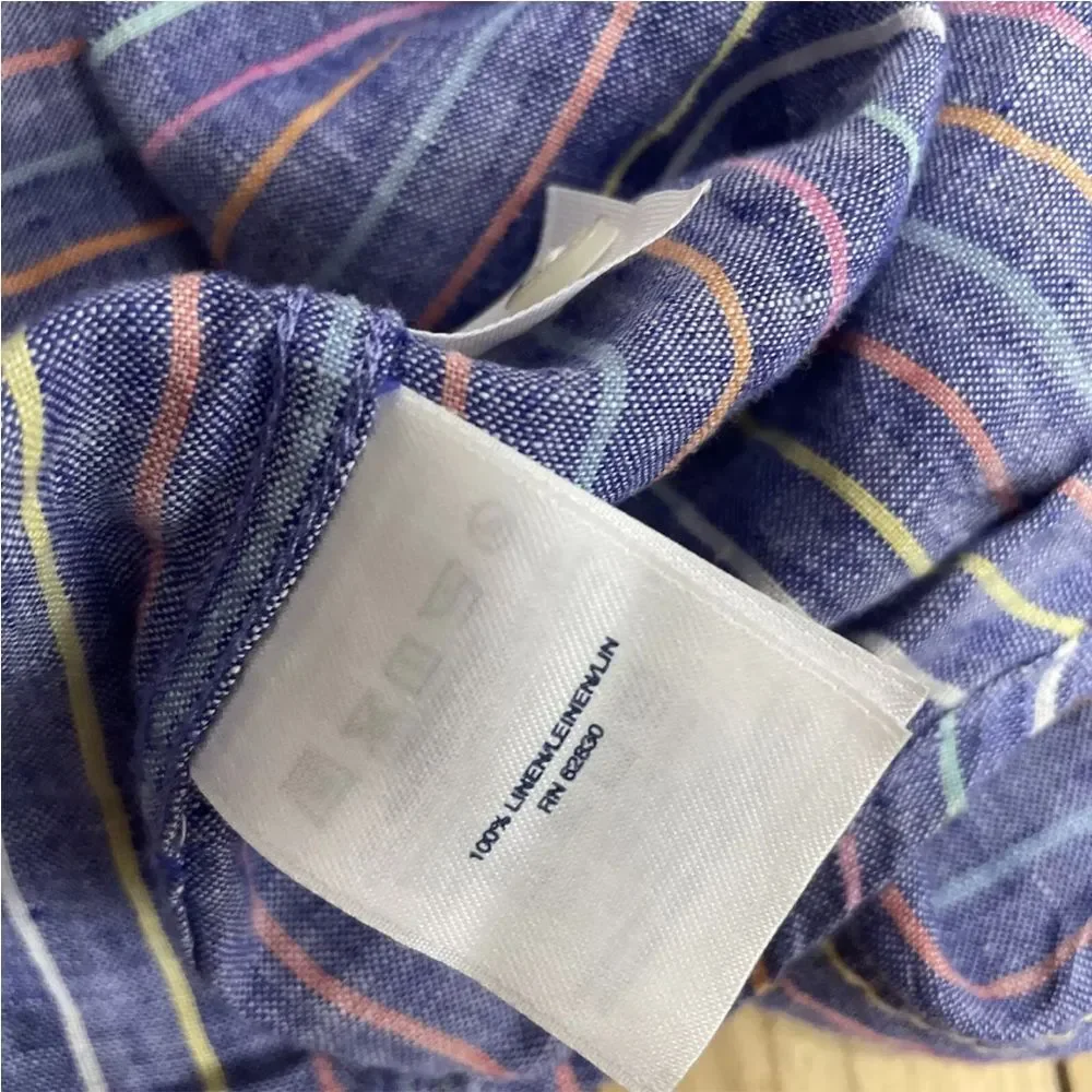 LANDS' END Linen Button Shirt Men L Traditional Fit Blue Vertical Stripe Rainbow